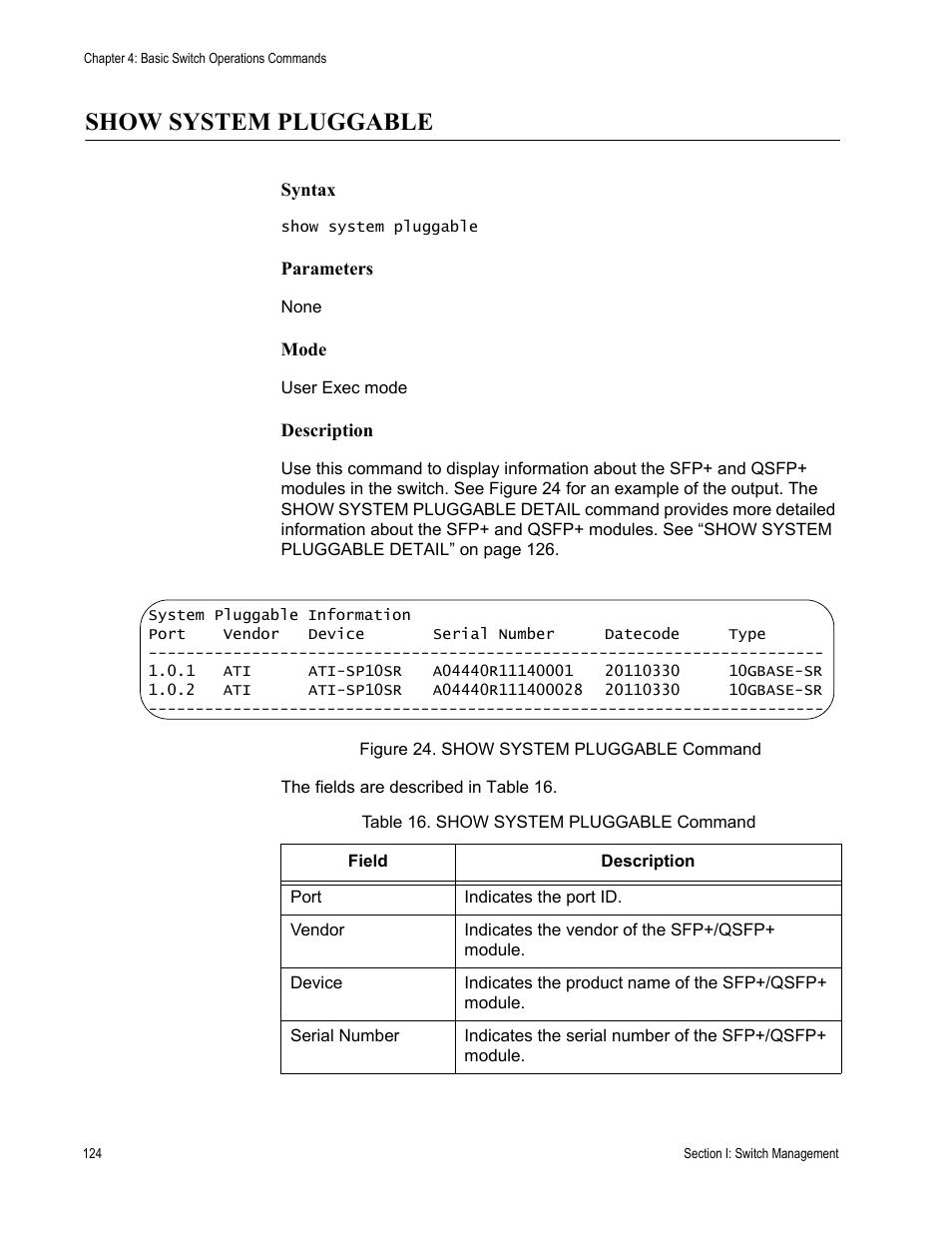 Show system pluggable, Table 16. show system pluggable command | Allied Telesis AT-DC2552XS User Manual | Page 124 / 550