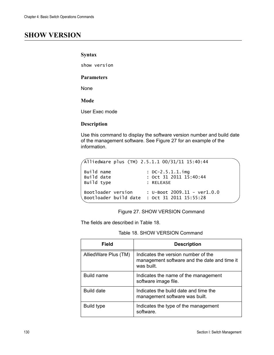 Show version, Table 18. show version command | Allied Telesis AT-DC2552XS User Manual | Page 130 / 550