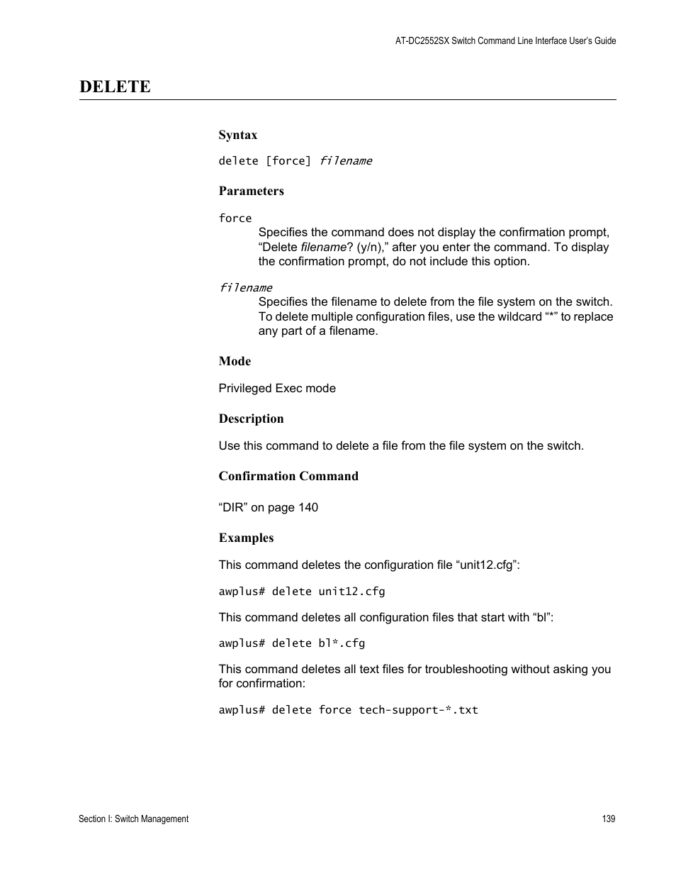 Delete | Allied Telesis AT-DC2552XS User Manual | Page 139 / 550