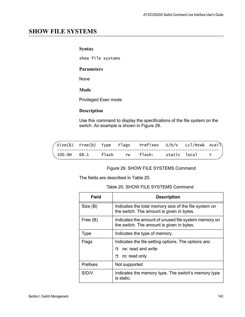 Show file systems, Table 20. show file systems command | Allied Telesis AT-DC2552XS User Manual | Page 143 / 550