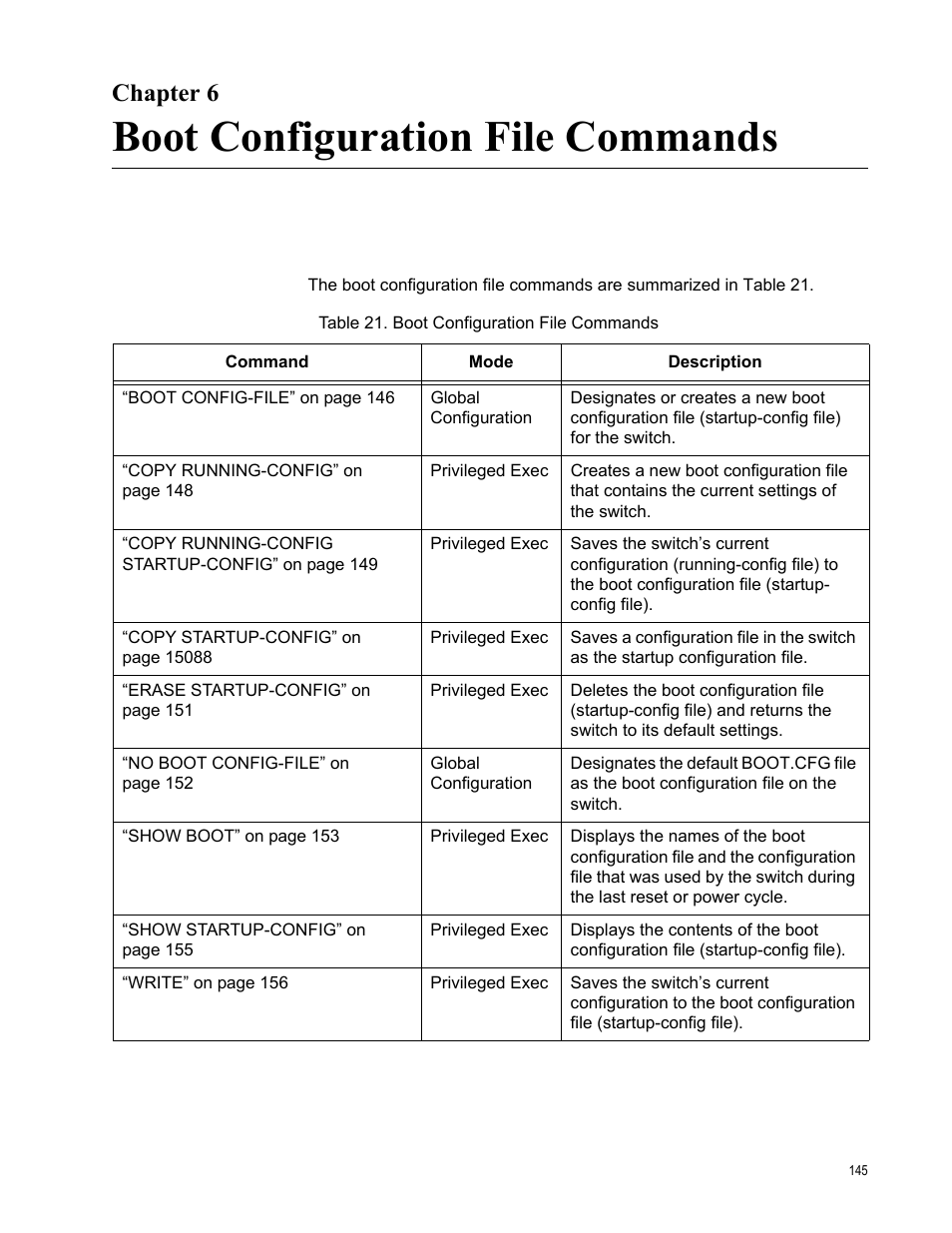 Chapter 6, Boot configuration file commands, Chapter 6: boot configuration file commands | Table 21. boot configuration file commands | Allied Telesis AT-DC2552XS User Manual | Page 145 / 550