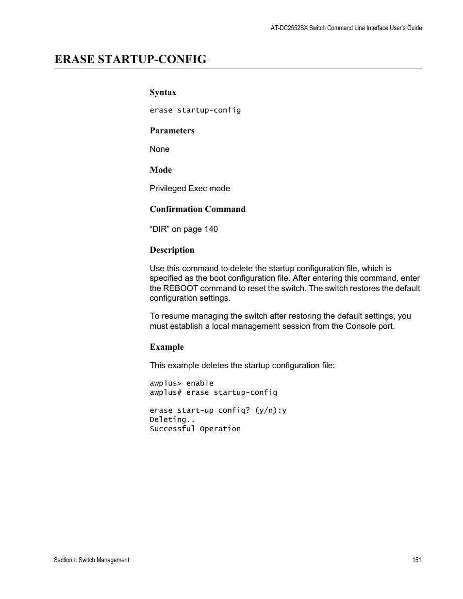 Erase startup-config | Allied Telesis AT-DC2552XS User Manual | Page 151 / 550