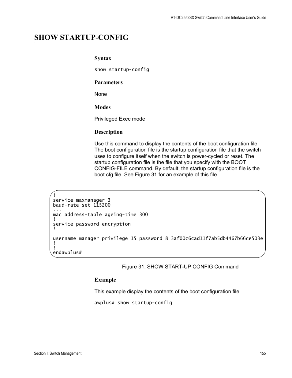 Show startup-config | Allied Telesis AT-DC2552XS User Manual | Page 155 / 550