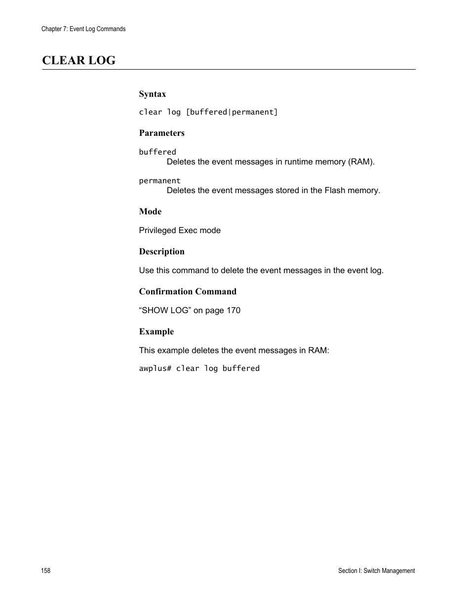 Clear log | Allied Telesis AT-DC2552XS User Manual | Page 158 / 550