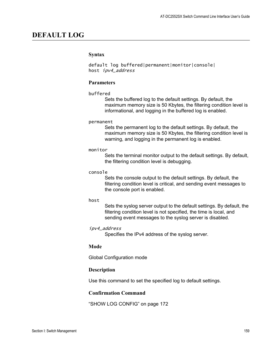 Default log | Allied Telesis AT-DC2552XS User Manual | Page 159 / 550