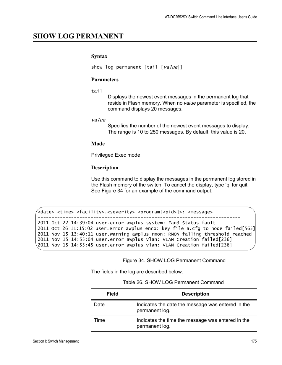 Show log permanent, Table 26. show log permanent command | Allied Telesis AT-DC2552XS User Manual | Page 175 / 550