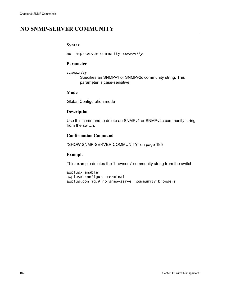 No snmp-server community | Allied Telesis AT-DC2552XS User Manual | Page 182 / 550
