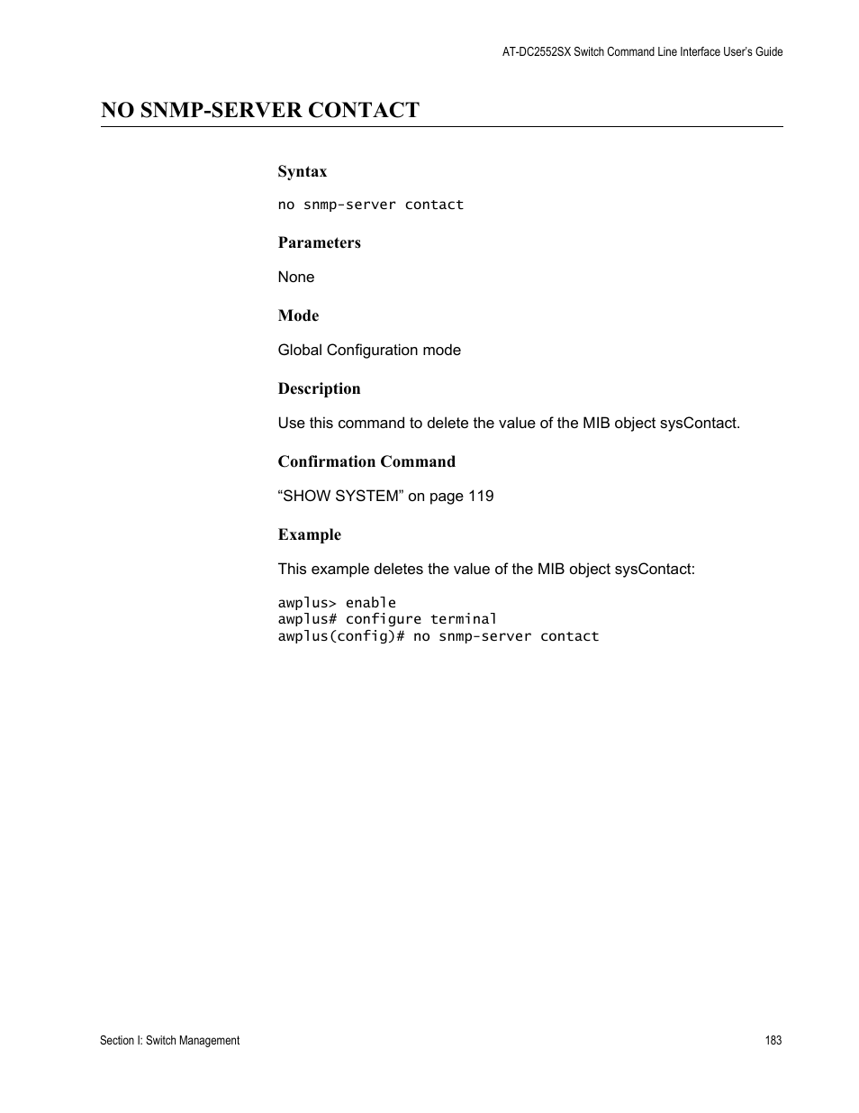 No snmp-server contact | Allied Telesis AT-DC2552XS User Manual | Page 183 / 550