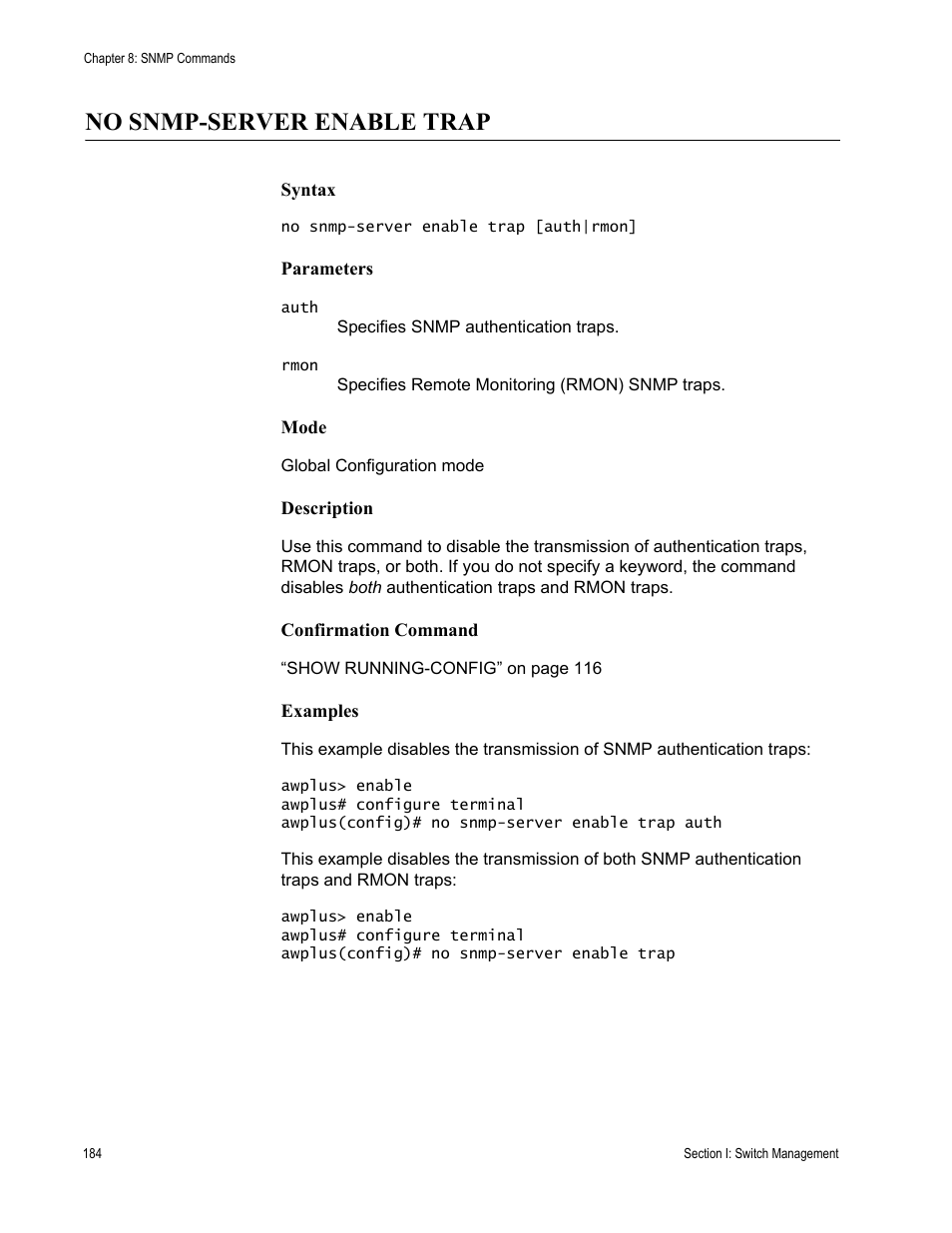 No snmp-server enable trap | Allied Telesis AT-DC2552XS User Manual | Page 184 / 550