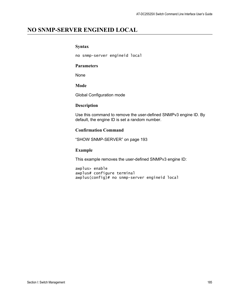 No snmp-server engineid local | Allied Telesis AT-DC2552XS User Manual | Page 185 / 550