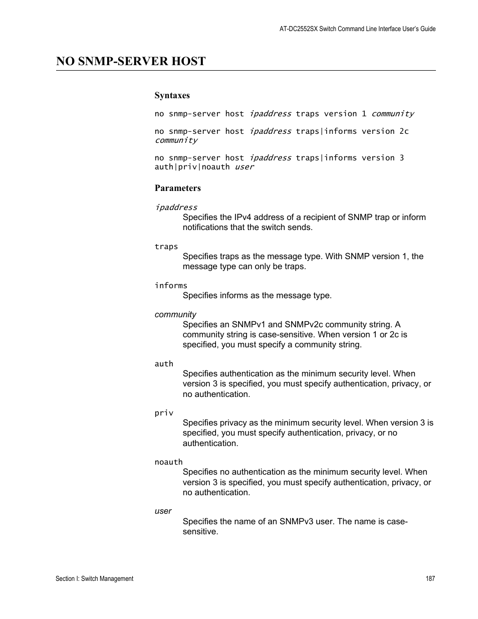 No snmp-server host | Allied Telesis AT-DC2552XS User Manual | Page 187 / 550