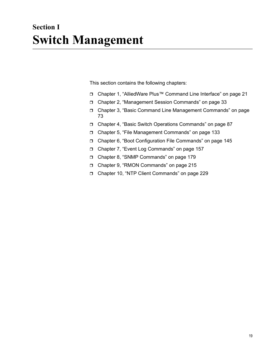 Section i, Switch management | Allied Telesis AT-DC2552XS User Manual | Page 19 / 550