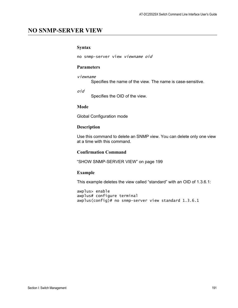 No snmp-server view | Allied Telesis AT-DC2552XS User Manual | Page 191 / 550