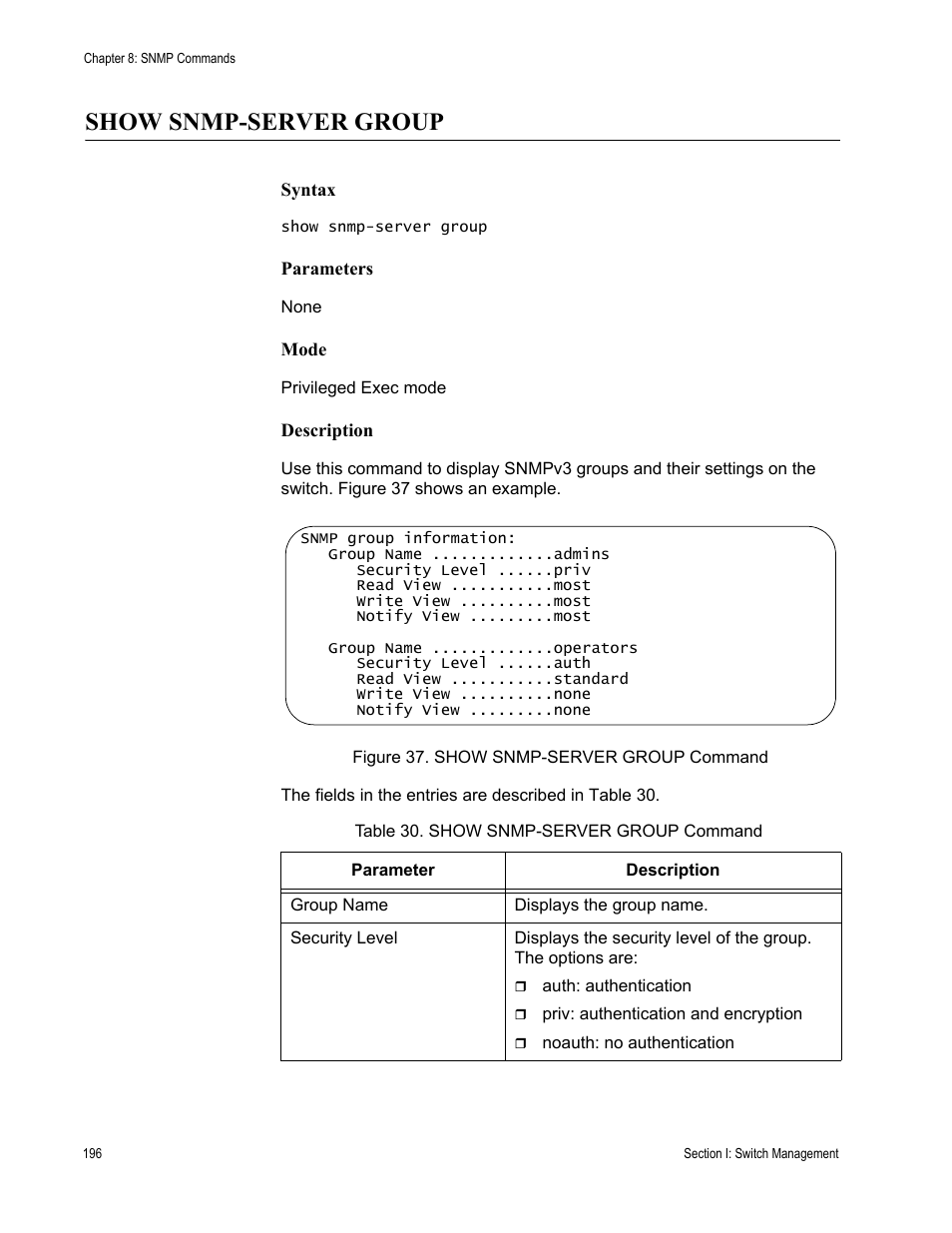 Show snmp-server group, Table 30. show snmp-server group command | Allied Telesis AT-DC2552XS User Manual | Page 196 / 550