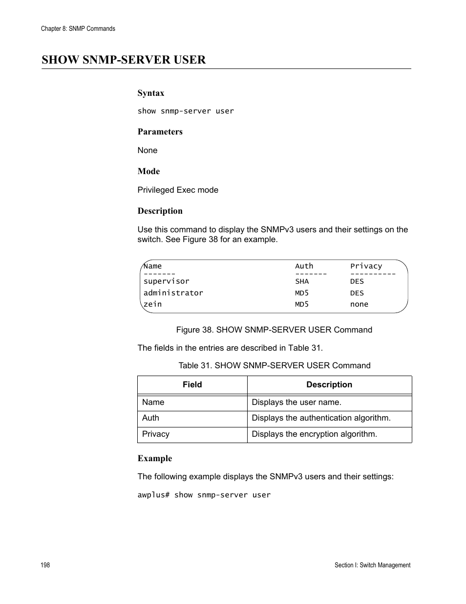 Show snmp-server user, Table 31. show snmp-server user command | Allied Telesis AT-DC2552XS User Manual | Page 198 / 550