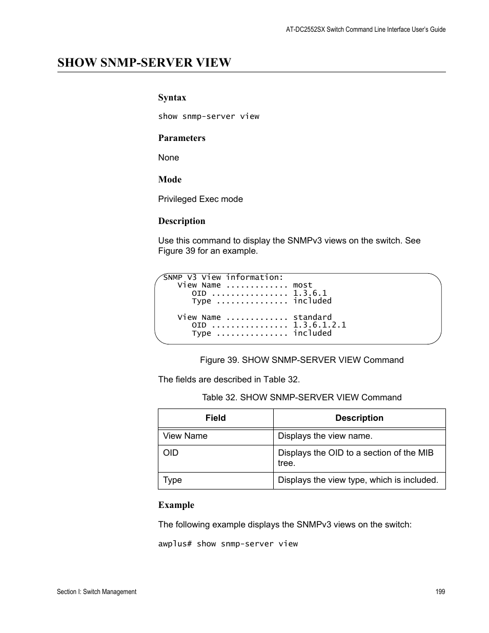 Show snmp-server view, Table 32. show snmp-server view command | Allied Telesis AT-DC2552XS User Manual | Page 199 / 550
