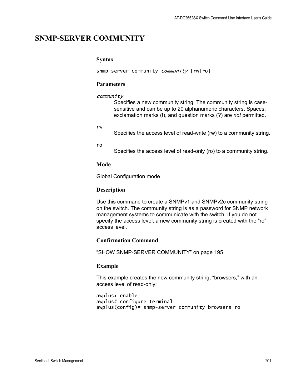 Snmp-server community | Allied Telesis AT-DC2552XS User Manual | Page 201 / 550