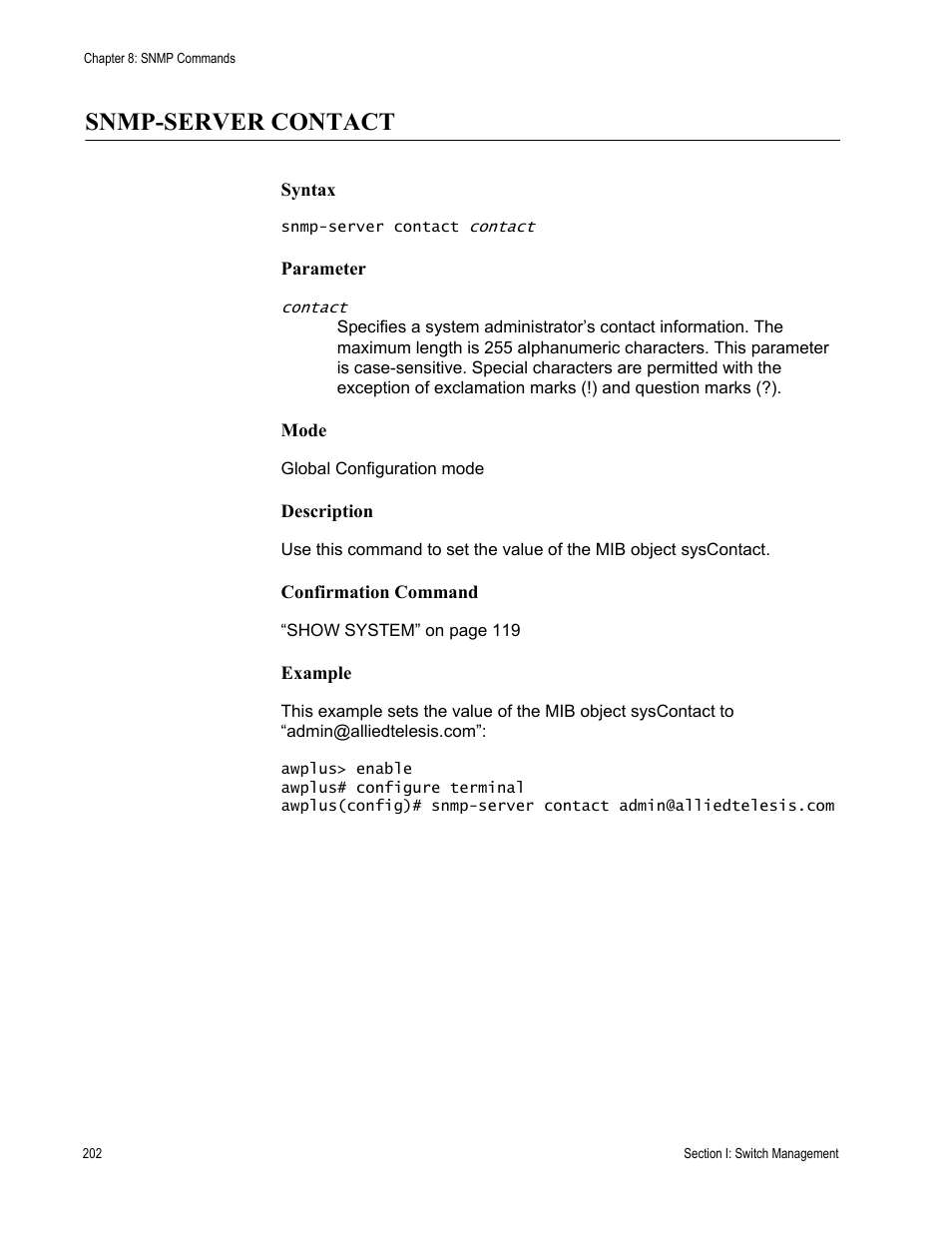 Snmp-server contact | Allied Telesis AT-DC2552XS User Manual | Page 202 / 550