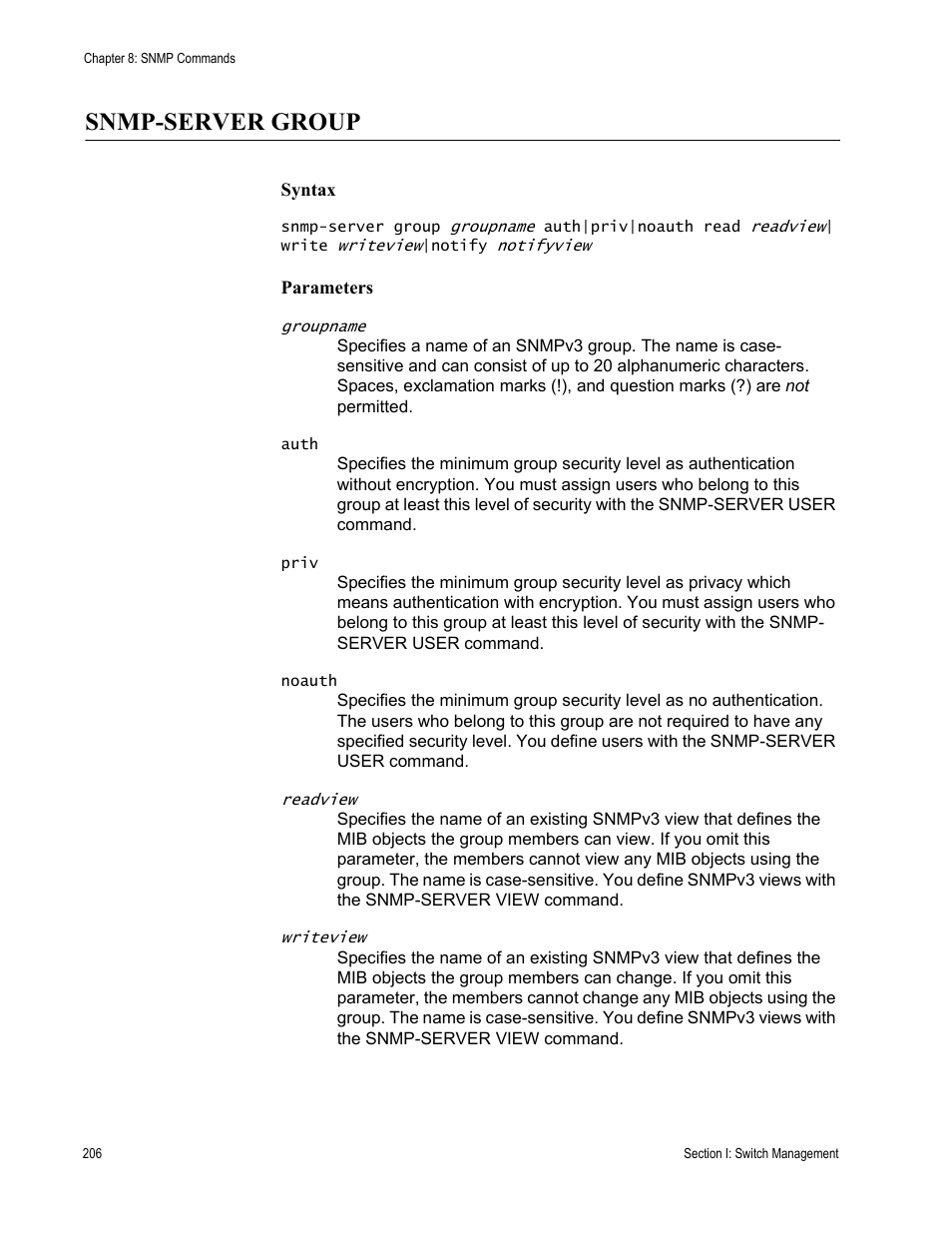 Snmp-server group | Allied Telesis AT-DC2552XS User Manual | Page 206 / 550