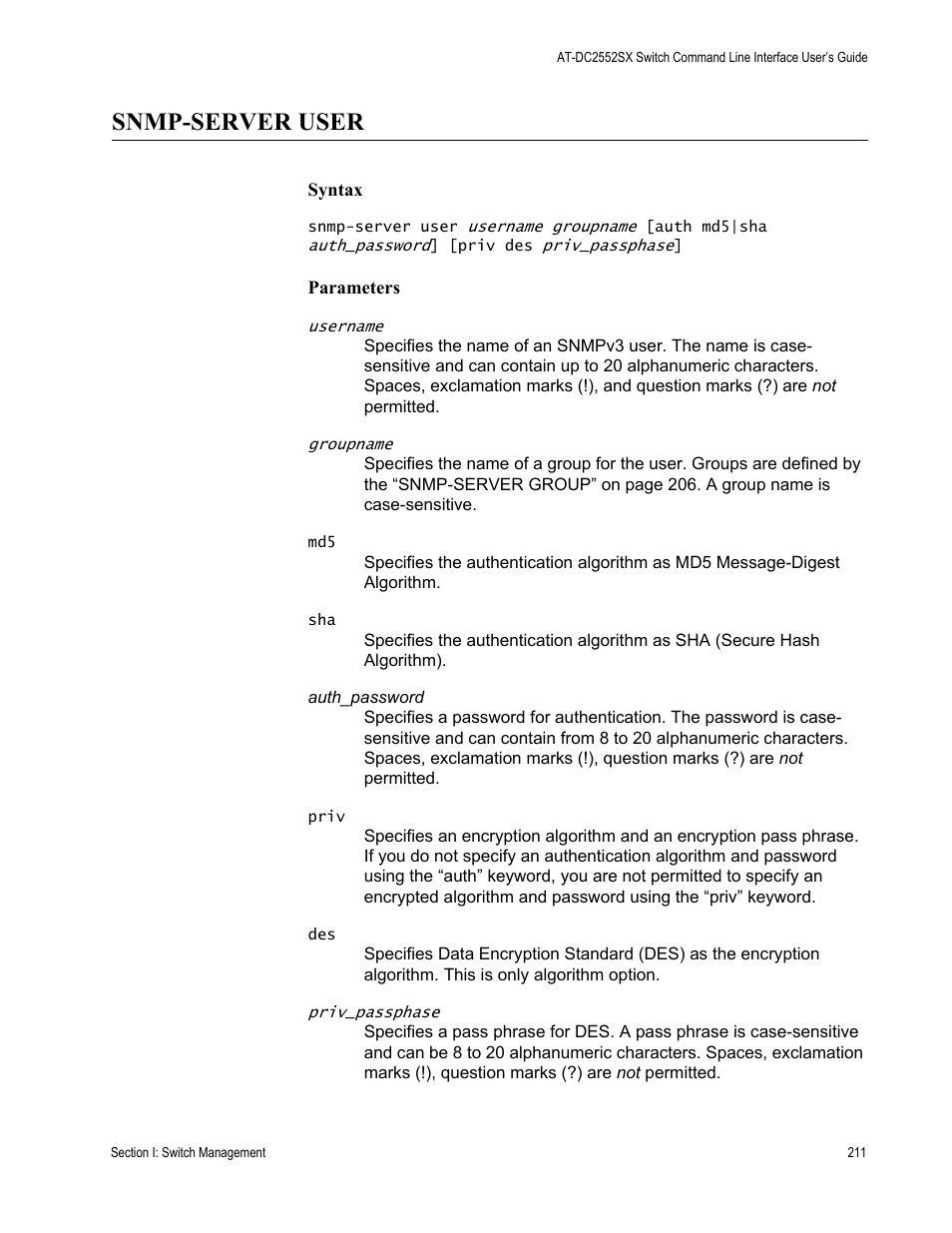 Snmp-server user | Allied Telesis AT-DC2552XS User Manual | Page 211 / 550