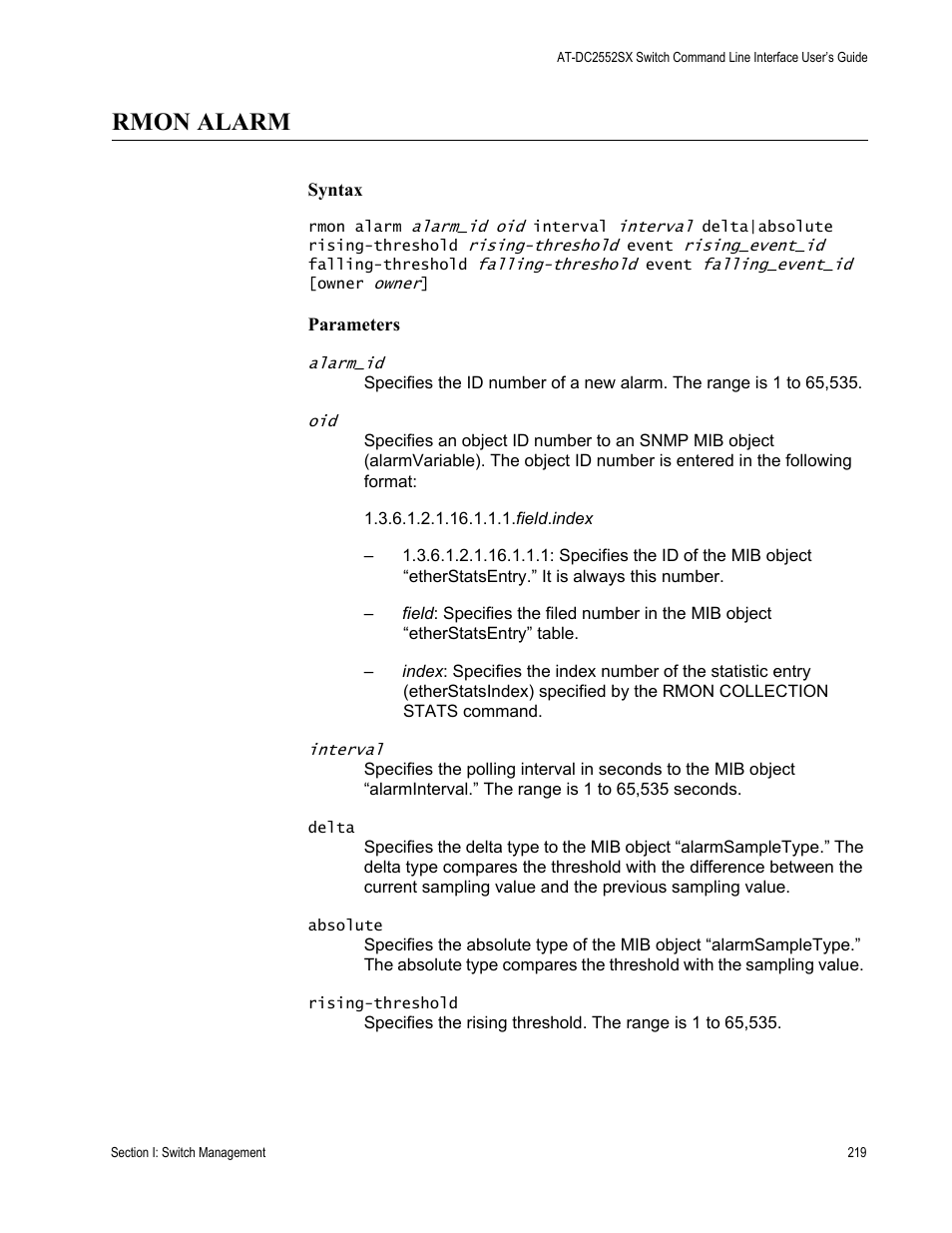 Rmon alarm | Allied Telesis AT-DC2552XS User Manual | Page 219 / 550