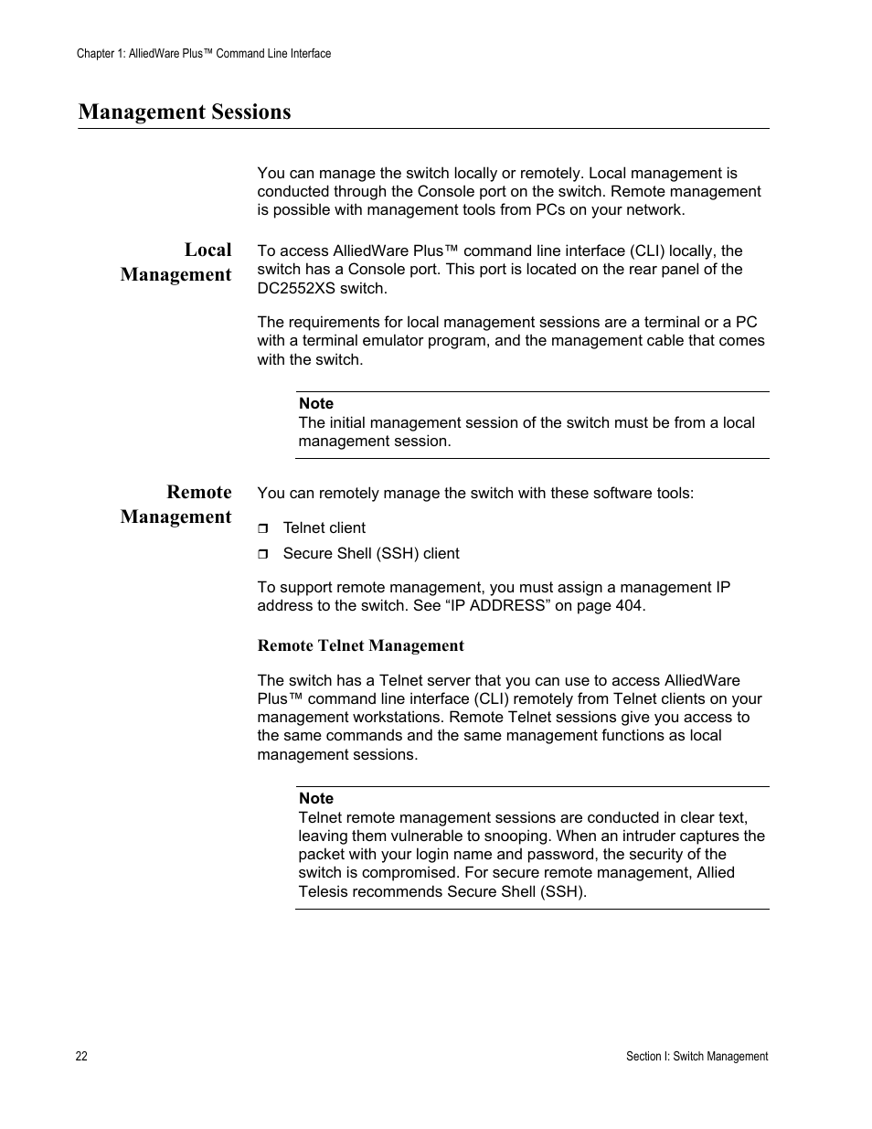 Management sessions, Local management, Remote management | Local management remote management | Allied Telesis AT-DC2552XS User Manual | Page 22 / 550