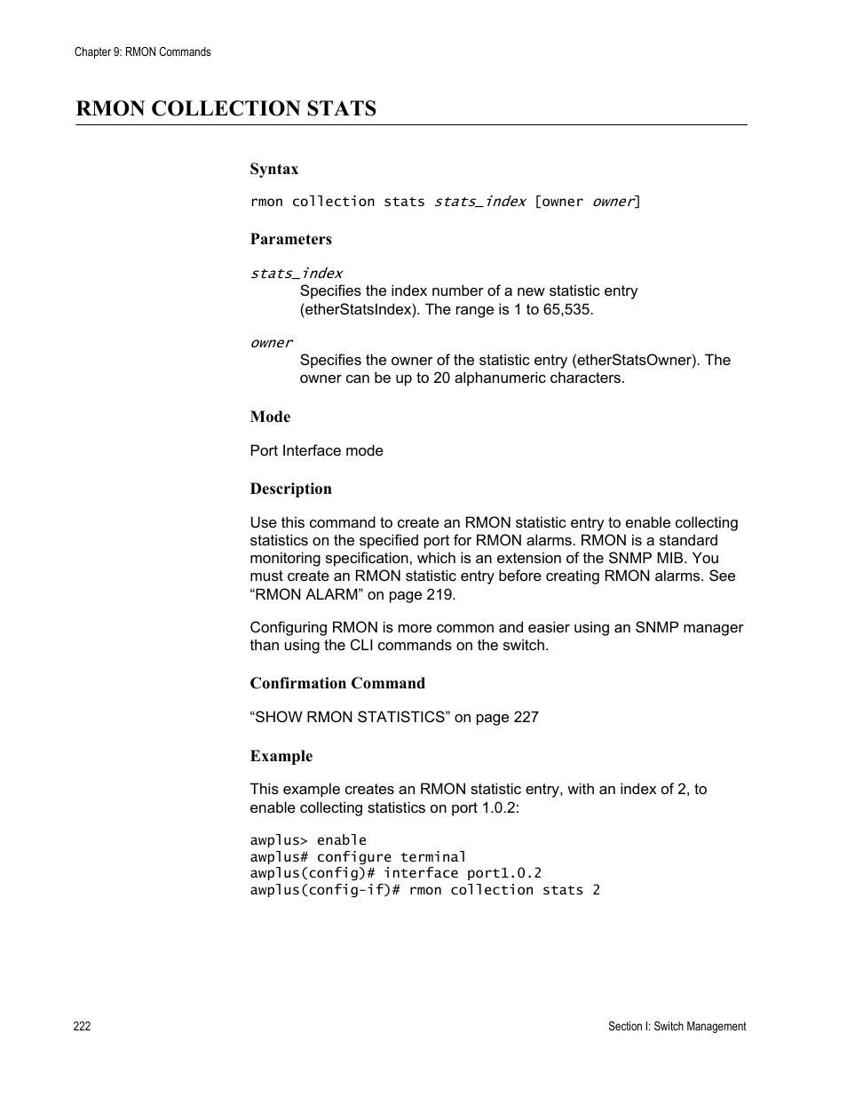 Rmon collection stats | Allied Telesis AT-DC2552XS User Manual | Page 222 / 550