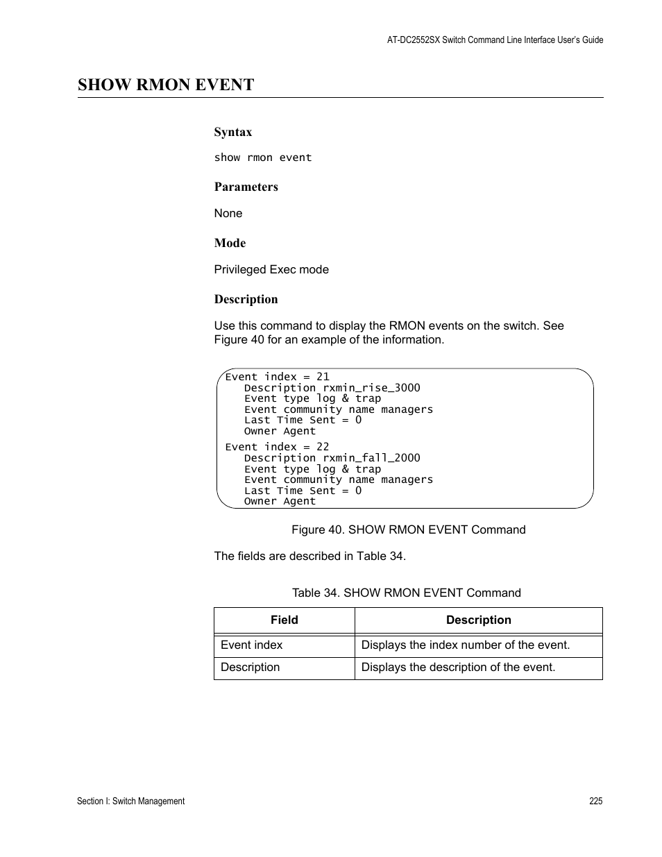 Show rmon event, Table 34. show rmon event command | Allied Telesis AT-DC2552XS User Manual | Page 225 / 550