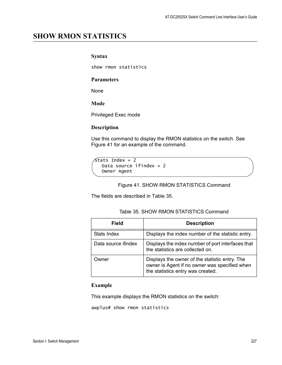 Show rmon statistics, Table 35. show rmon statistics command | Allied Telesis AT-DC2552XS User Manual | Page 227 / 550
