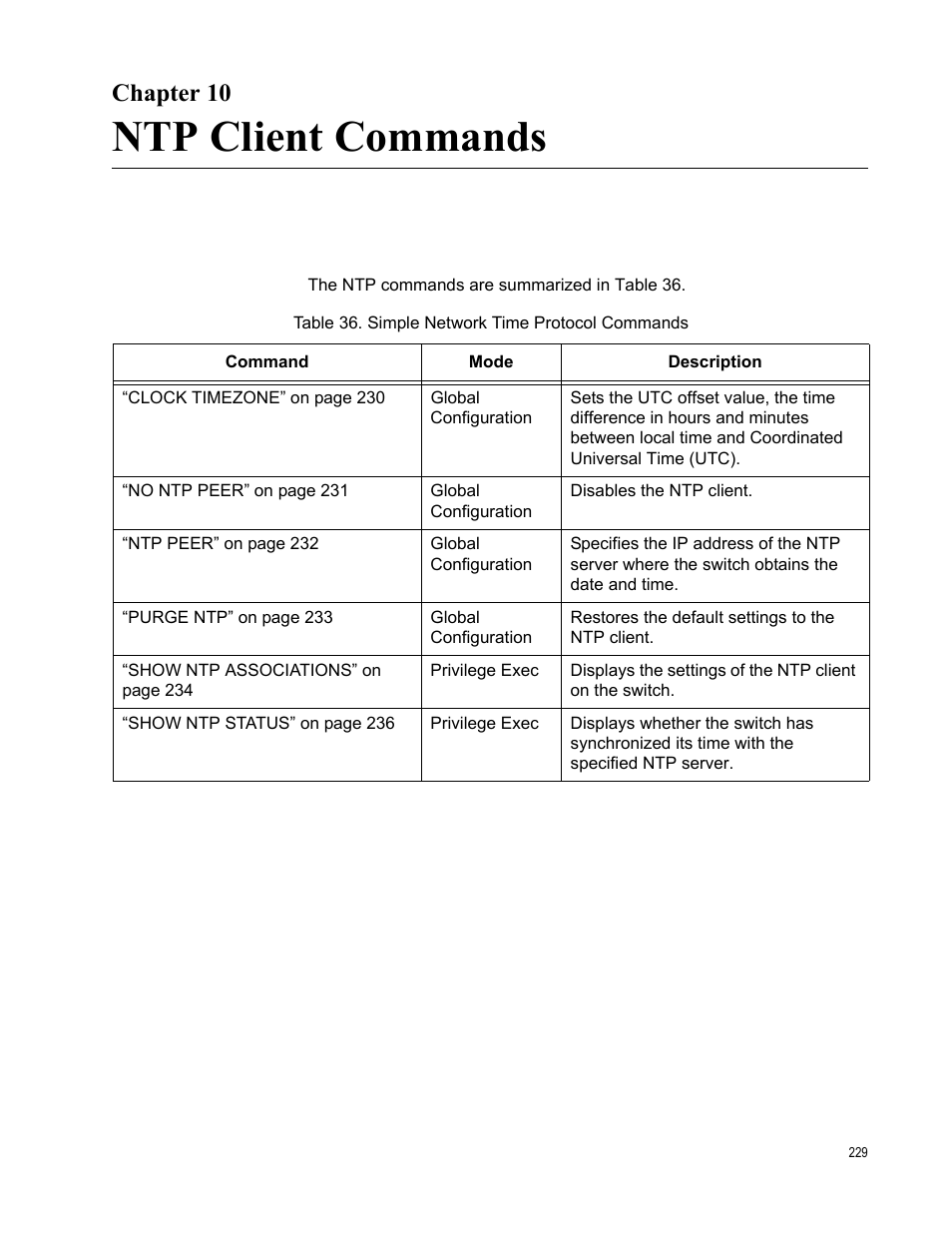 Chapter 10, Ntp client commands, Chapter 10: ntp client commands | Table 36. simple network time protocol commands | Allied Telesis AT-DC2552XS User Manual | Page 229 / 550