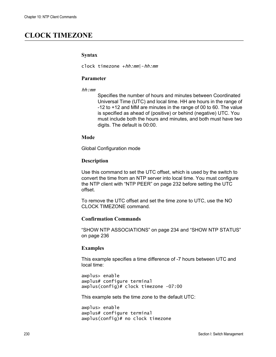 Clock timezone | Allied Telesis AT-DC2552XS User Manual | Page 230 / 550