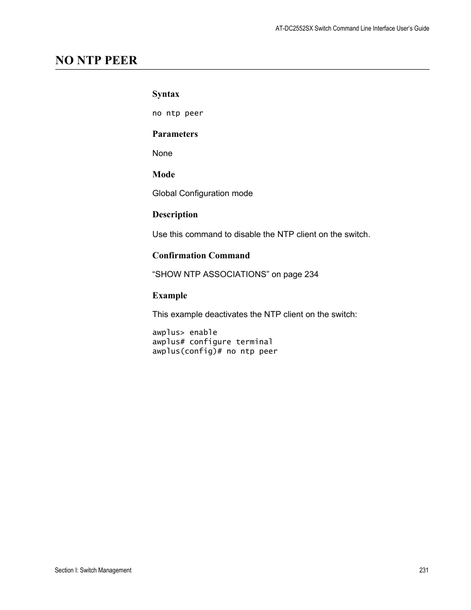 No ntp peer | Allied Telesis AT-DC2552XS User Manual | Page 231 / 550