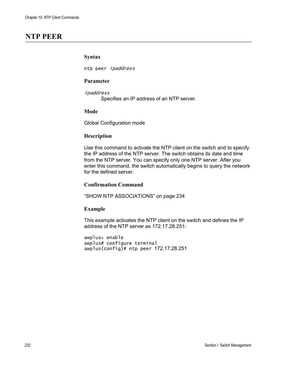 Ntp peer | Allied Telesis AT-DC2552XS User Manual | Page 232 / 550