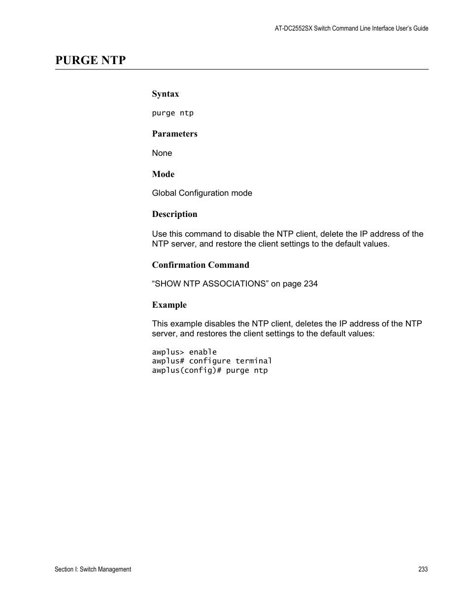 Purge ntp | Allied Telesis AT-DC2552XS User Manual | Page 233 / 550