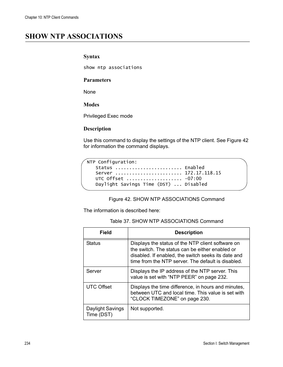 Show ntp associations, Table 37. show ntp associations command | Allied Telesis AT-DC2552XS User Manual | Page 234 / 550