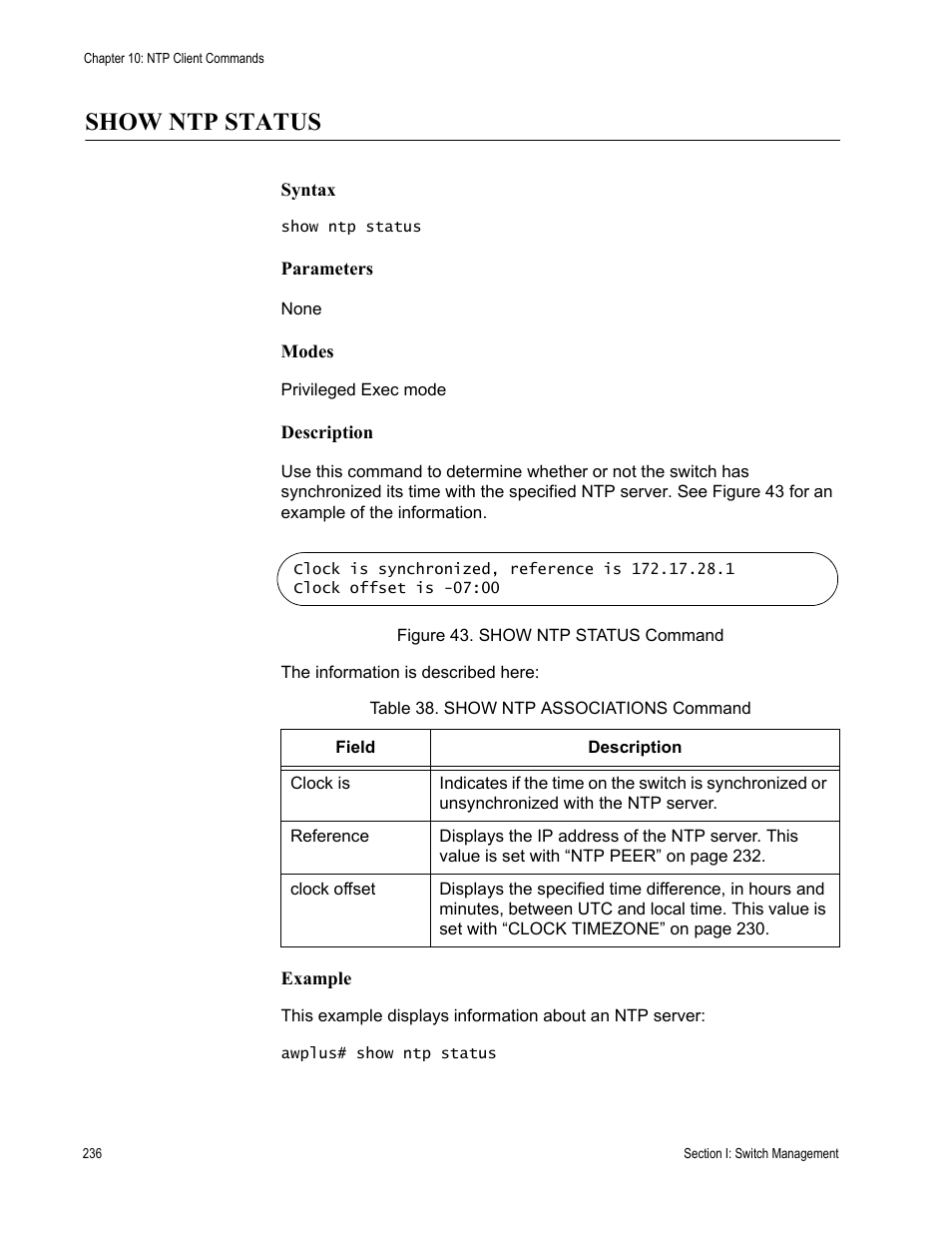 Show ntp status, Table 38. show ntp associations command | Allied Telesis AT-DC2552XS User Manual | Page 236 / 550