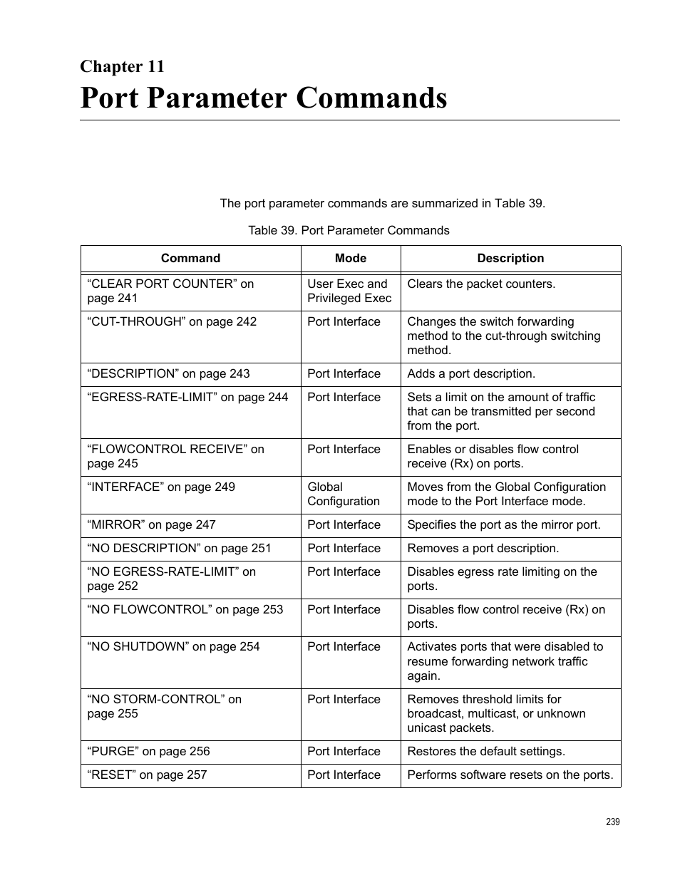Chapter 11, Port parameter commands, Chapter 11: port parameter commands | Table 39. port parameter commands | Allied Telesis AT-DC2552XS User Manual | Page 239 / 550