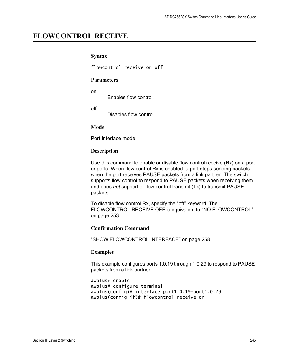 Flowcontrol receive | Allied Telesis AT-DC2552XS User Manual | Page 245 / 550