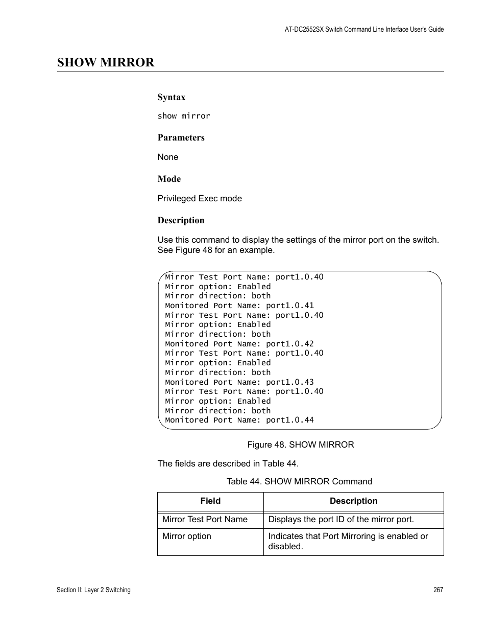 Show mirror, Table 44. show mirror command | Allied Telesis AT-DC2552XS User Manual | Page 267 / 550