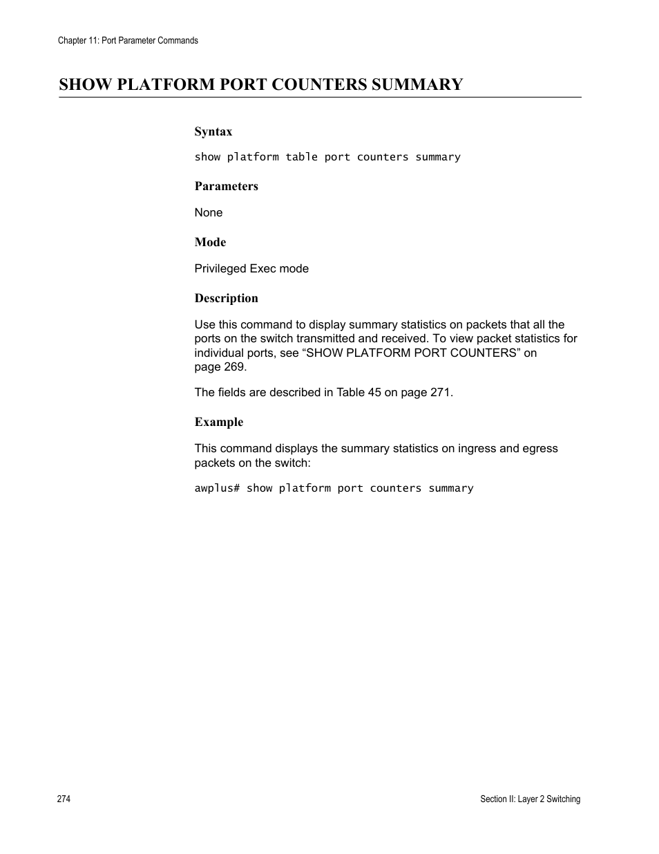 Show platform port counters summary | Allied Telesis AT-DC2552XS User Manual | Page 274 / 550