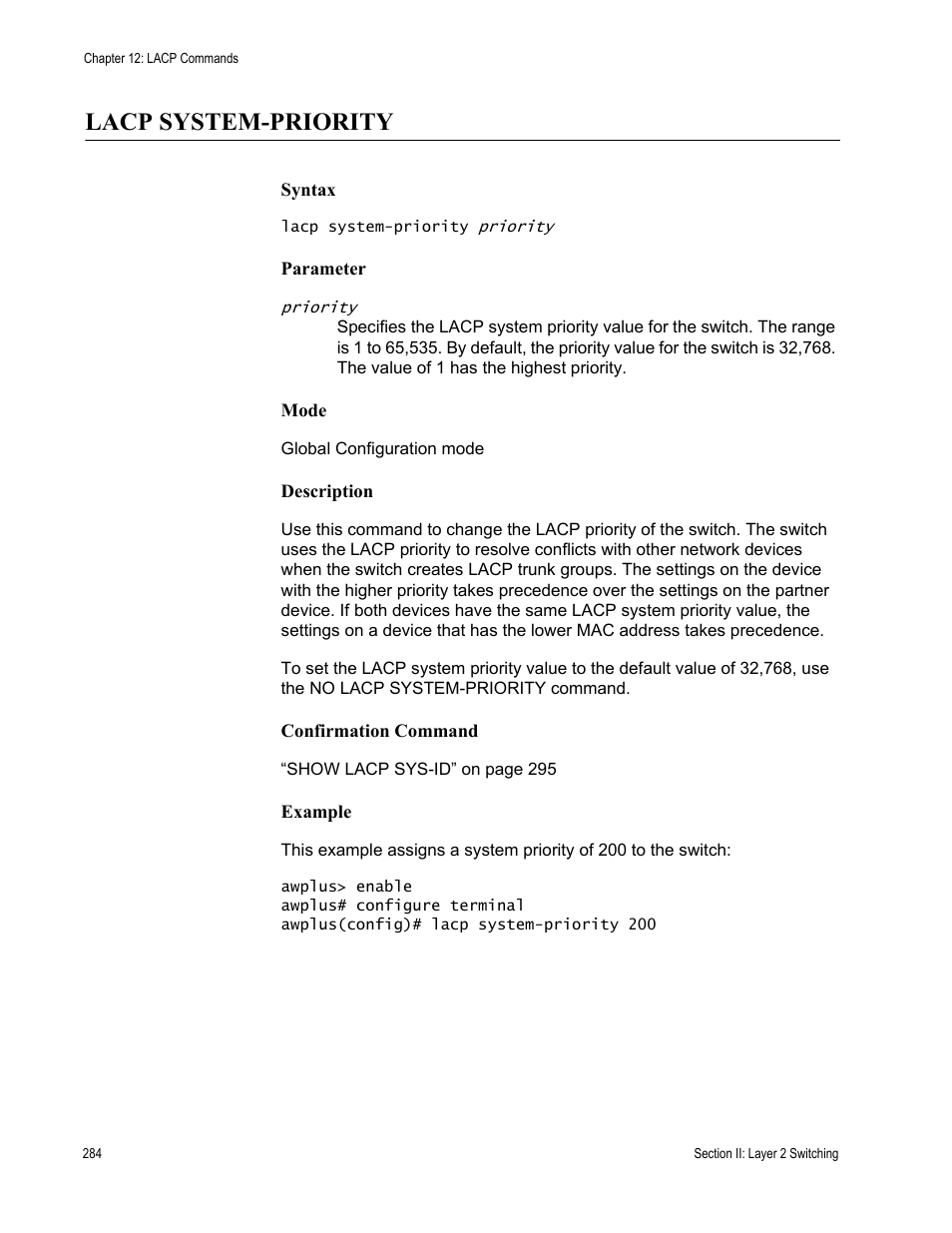 Lacp system-priority | Allied Telesis AT-DC2552XS User Manual | Page 284 / 550