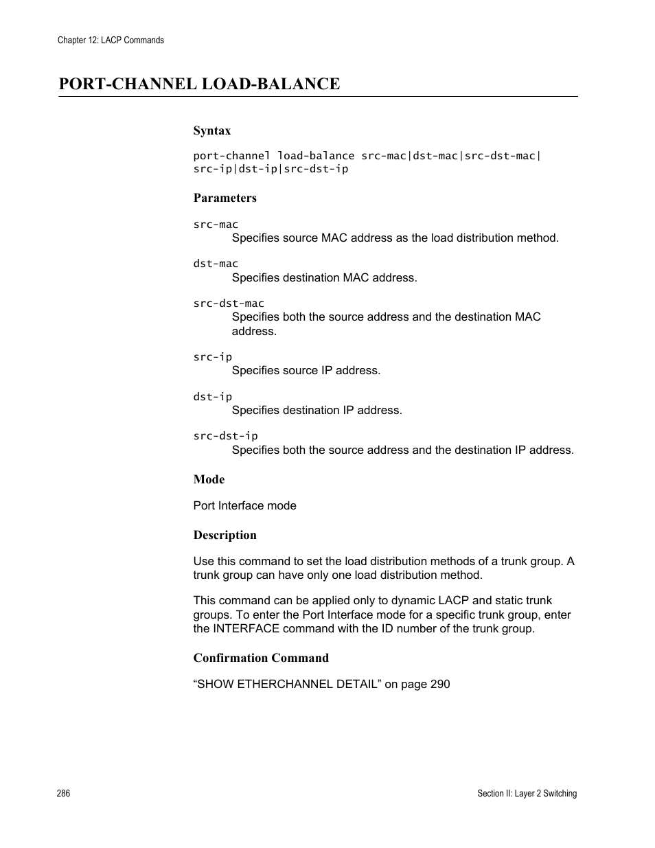 Port-channel load-balance | Allied Telesis AT-DC2552XS User Manual | Page 286 / 550