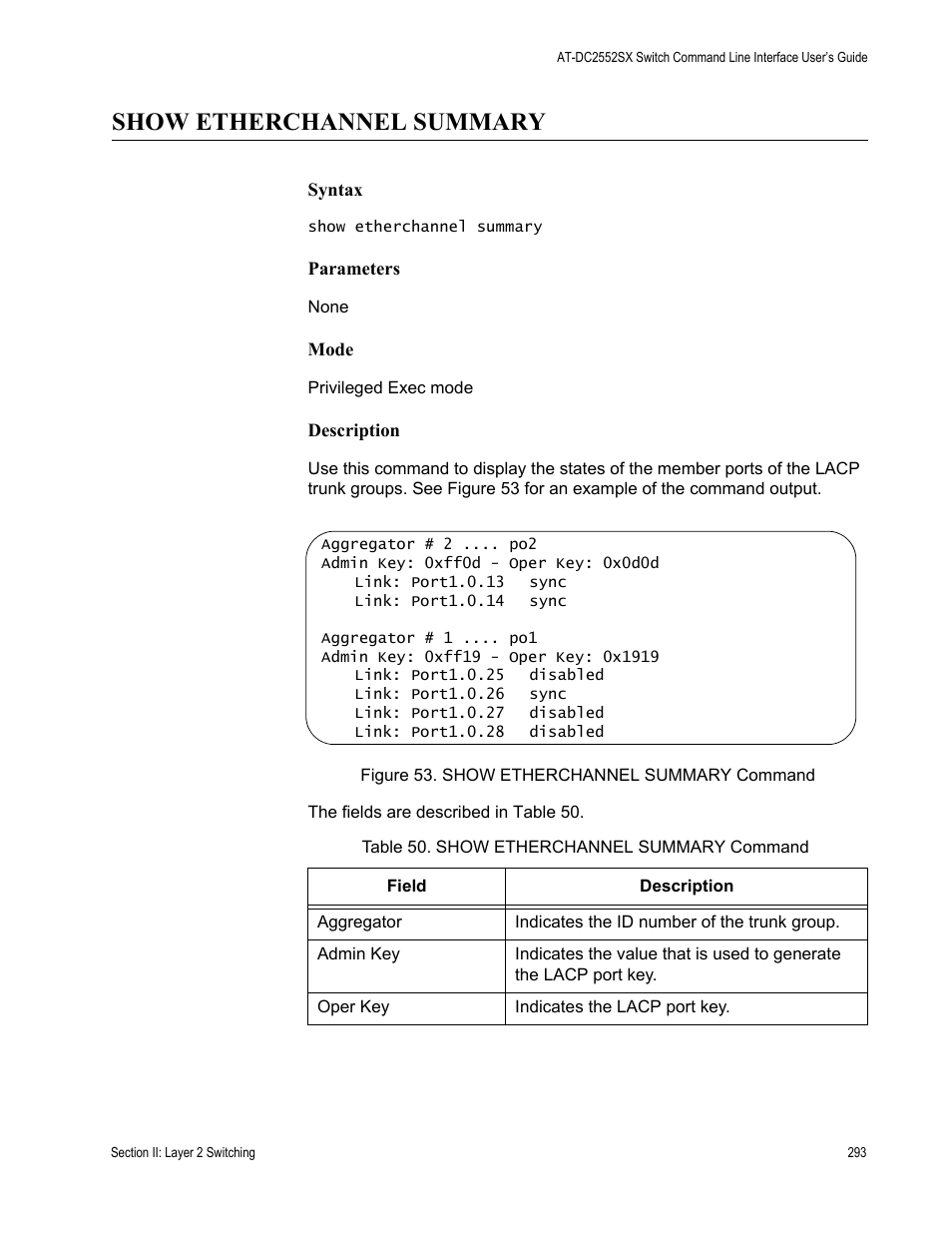 Show etherchannel summary, Show etherchannel summary command | Allied Telesis AT-DC2552XS User Manual | Page 293 / 550