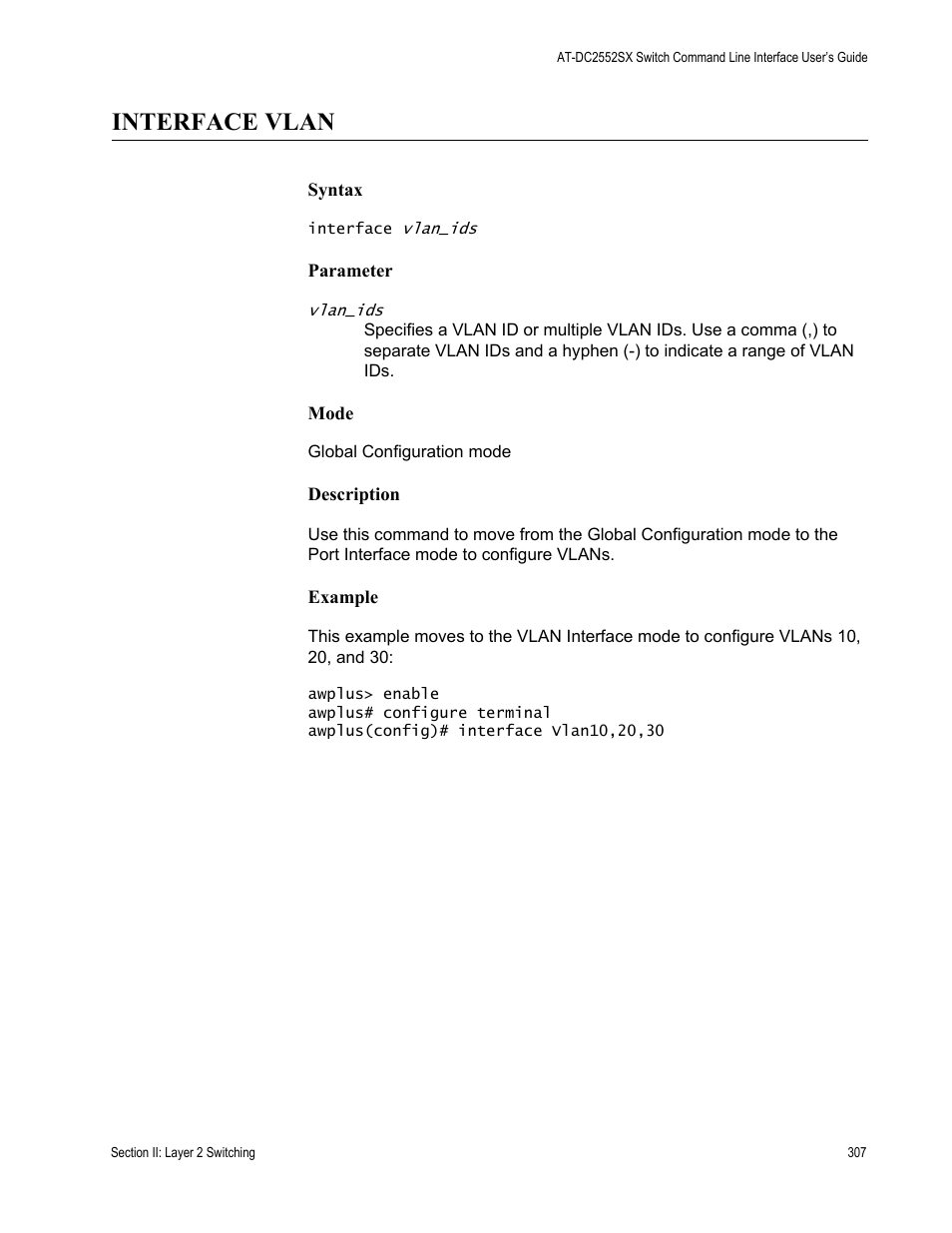 Interface vlan | Allied Telesis AT-DC2552XS User Manual | Page 307 / 550