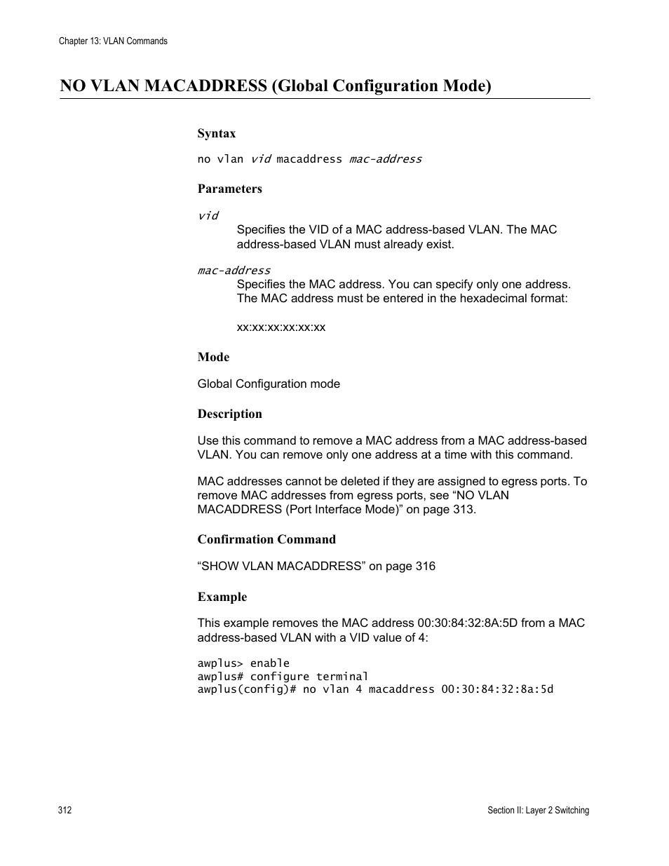 No vlan macaddress (global configuration mode) | Allied Telesis AT-DC2552XS User Manual | Page 312 / 550