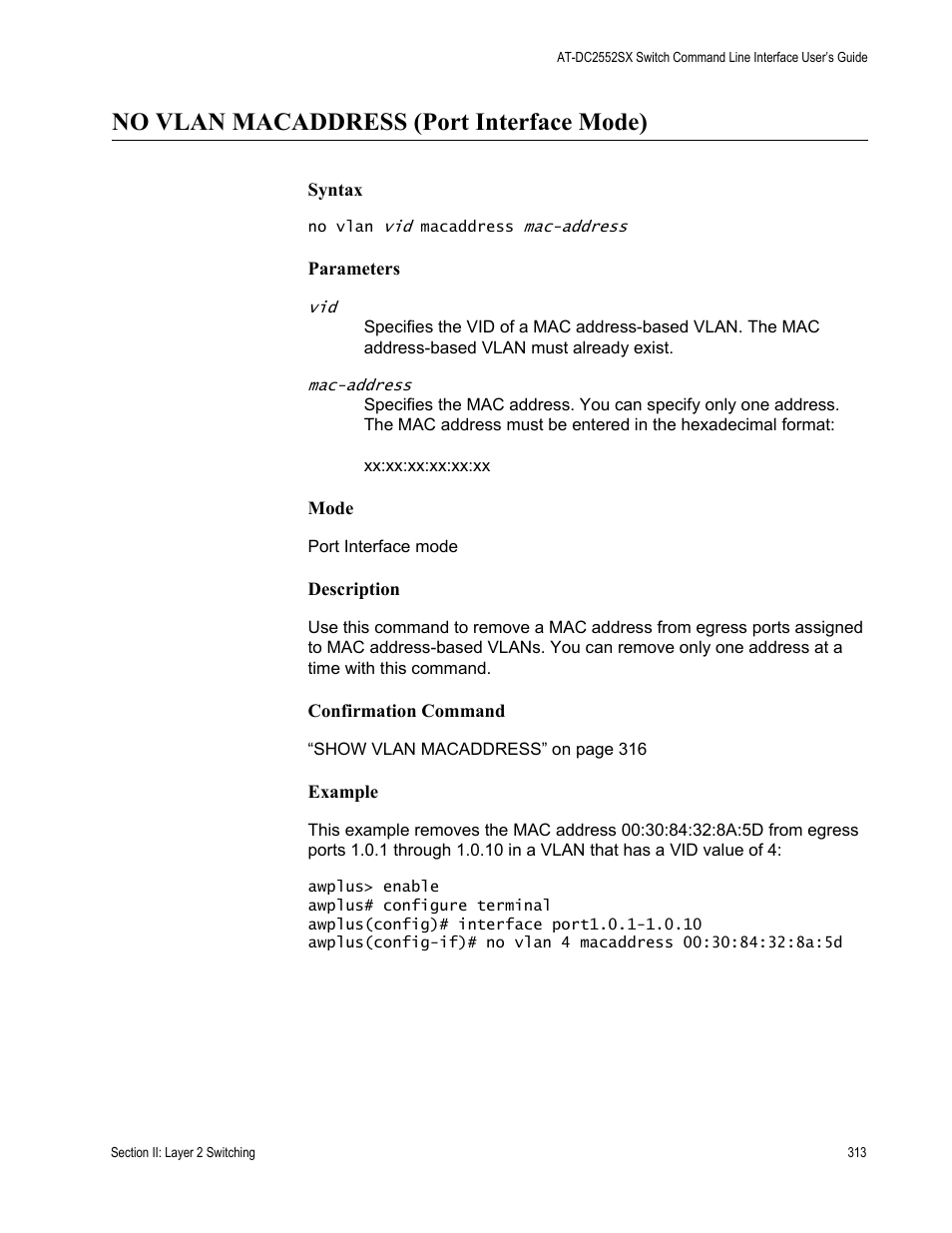 No vlan macaddress (port interface mode) | Allied Telesis AT-DC2552XS User Manual | Page 313 / 550