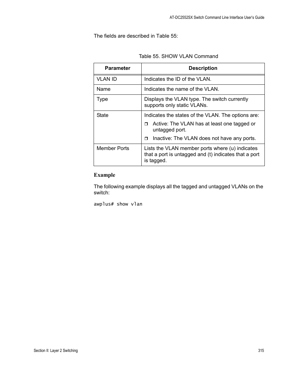 Table 55. show vlan command | Allied Telesis AT-DC2552XS User Manual | Page 315 / 550