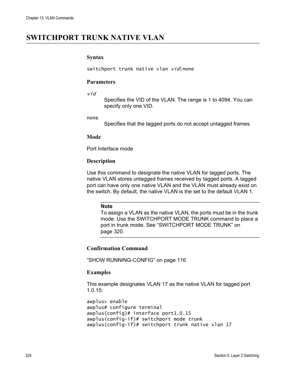 Switchport trunk native vlan | Allied Telesis AT-DC2552XS User Manual | Page 324 / 550