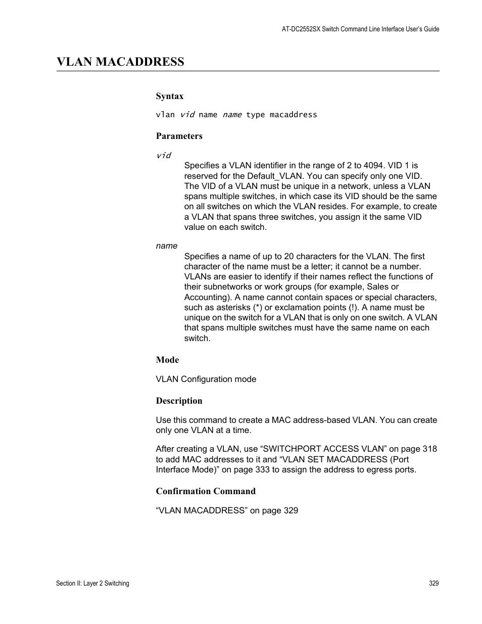 Vlan macaddress | Allied Telesis AT-DC2552XS User Manual | Page 329 / 550