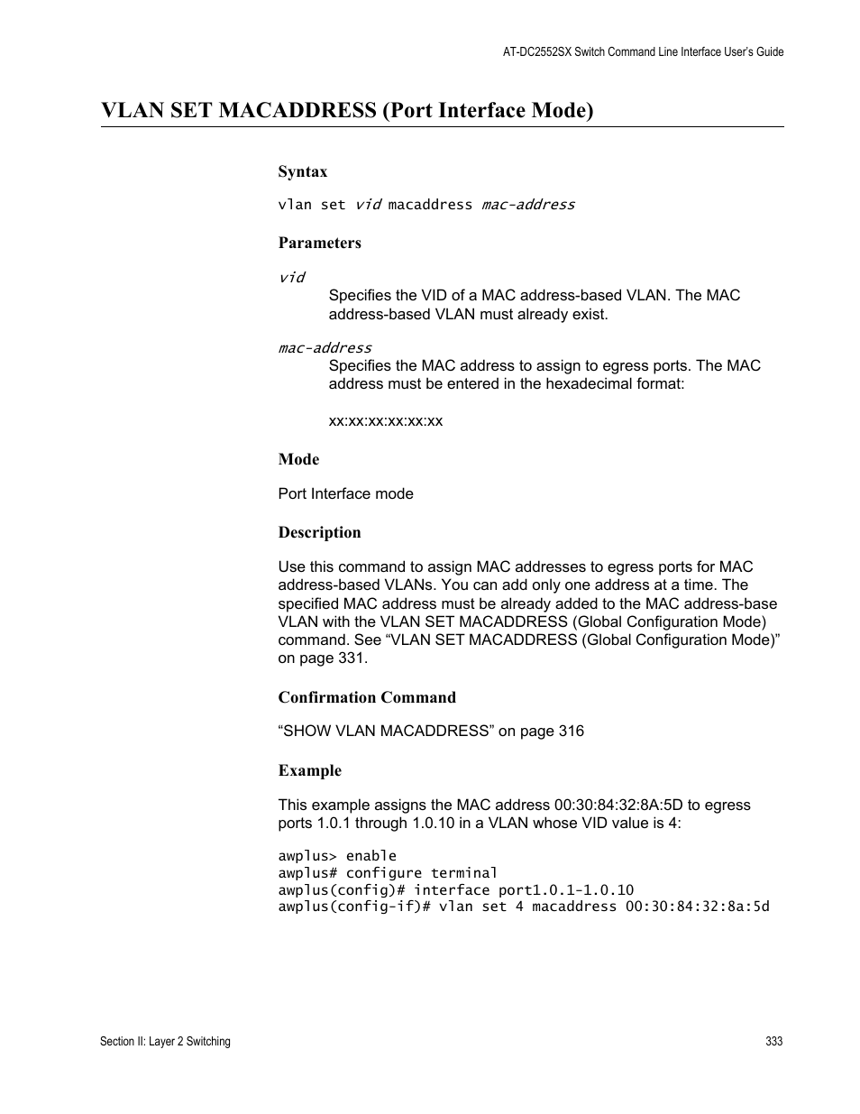 Vlan set macaddress (port interface mode) | Allied Telesis AT-DC2552XS User Manual | Page 333 / 550